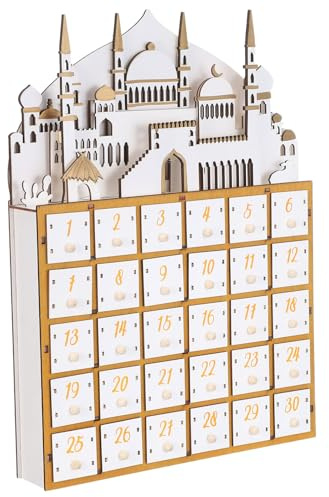 VICASKY Calendrier du Ramadan en Bois 30 Jours avec Lumière LED Intégrée 30 Tiroirs de Compte à Rebours Décoration de Table Compacte pour Fêtes Musulmanes et Célébration de L’Aïd