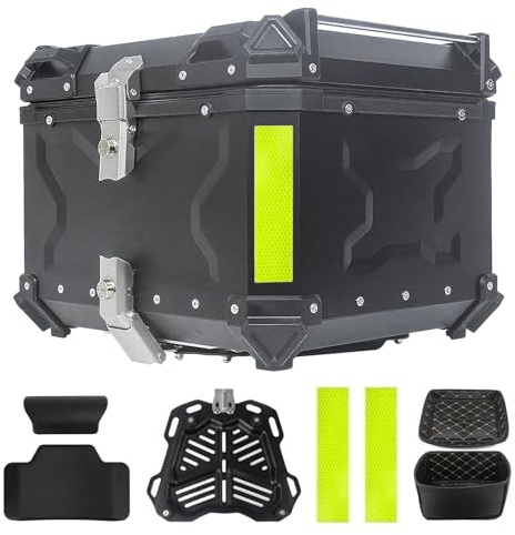 YJYAJIE Motorrad TOPCASE 55L Universal Alu mit Rückenlehne – IP68 Wasserdicht, Abschließbare Gepäckbox, inkl. Universal-Montageplatte für die meisten Motorräder & Roller (Schwarz)