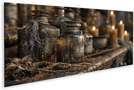 islandburner Bild auf Leinwand Mystische Apothekerflaschen Wandbild für Wohnzimmer - Für Liebhaber des Geheimnisvollen - Panorama