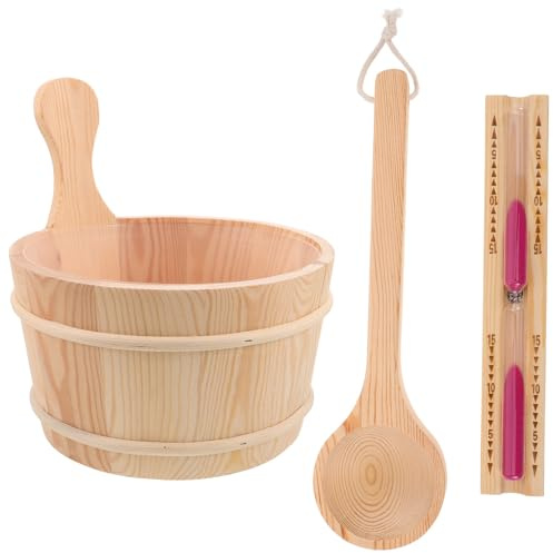 Kisangel Ensemble Seau de Sauna en Bois 4l avec Louche et Sablier Beige Léger pour Spa, Accessoires Sauna Intérieur Pratiques et Solide