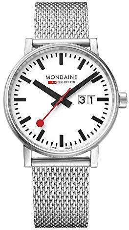 Mondaine - Evo2 MSE.40210.SM - Herrenuhr 40mm - Bahnhofsuhr in Silber Datumsanzeige Edelstahl Armband - 30m Wasserdicht Saphirglas mit rotem Sekundenzeiger - Hergestellt in der Schweiz