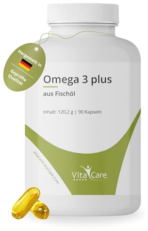 VitaCare Omega 3 plus, 90 hochdosierte Fischöl-Kapseln, Nahrungsergänzungsmittel mit Omega-3-Fettsäuren, 540mg EPA & 360mg DHA, frei von Zusätzen