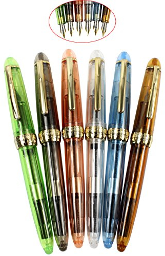 6PCS 992 Transparent Plastic Fountain Pens, Fine Nib Fountain Pen Set, JinHao Golden Clip and Pen Screw Cap, Solid Colors (Green, Grey, Orange, White, Blue, Brown)