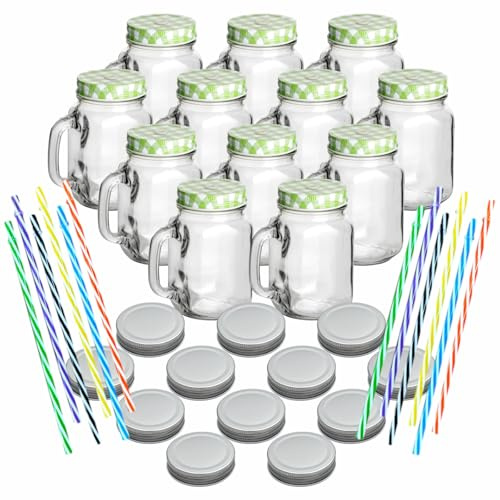 gouveo 12er Set Trinkgläser 450 ml mit Deckel grün, silberfarben - Trinkglas mit Henkel und Mehrweg-Trinkhalm - Henkelgläser mit Deckel - Cocktail-Glas für Garten (TGH450SGR)