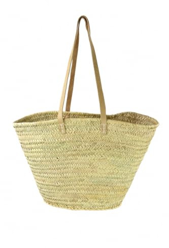 Afrikan Bags Bolso Capazo de Palma de Base Oval - Bolso Rafia Mujer con Asas Bandolera de Cuero Natural | 46/36x30x26 cm | Bolsa Artesanal para Playa, Compras, Verano, Picnic, Diario