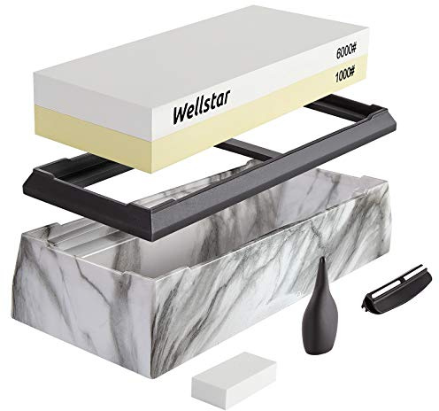 WELLSTAR Piedra de afilar afilar 2 en 1, afilador de cuchillos de doble cara, grano 1000/6000, con agarre de silicona antideslizante, para cuchillos de cocina, color blanco y amarillo