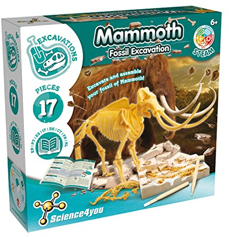Science4you Mammoth Dinosaur Fossil Digging Kit - Excavate and Assemble 17 Mammoth Dino Bones - Ideal Dinosaur Excavation Kit, Archeology and Paleontology Sets Toy, Dino Gifts for Kids Age 6 7 8 9 10+