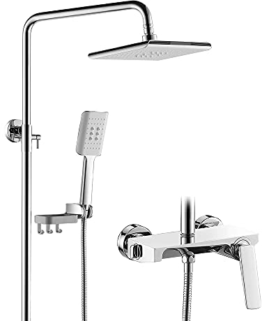 Duscharmaturen-Set mit verstellbarer fester Dusche und 3-Funktions-Handbrause, höhenverstellbarer Hubstange, Kupfer-Mischventil, wandmontiertem Duschsystem, 3-fach drehbarem Wasserauslassschalter