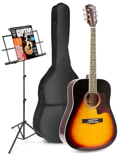 MAX SoloJam Guitarra Acústica Natural para Principiantes y Adultos - Set Completo con Atril, Funda, Afinador Digital, Púas, Cuerdas y Correa - Sonido Brillante para Aprender con Comodidad