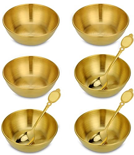 6 Pcs Cuencos Aperitivos Acero Inoxidable, Cuencos Pequeños Dorado, Cuento Soja Apto para Lavavajillas, Cuencos para Postre, Tapas, Sushi, Fruta, Salsa, Aperitivo, Frutos Secos, 3 Cucharas Incluidas