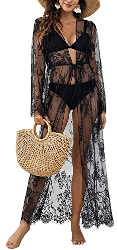 MIXIDON Damen Lang Strandkimono Cover Up Bikini Überwurf Schwarz