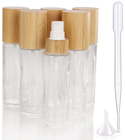 COSIDEA 6 frascos vacíos de 60 ml con tapas de bambú transparente con bomba de loción, botellas recargables para crema cosmética, artículos de tocador