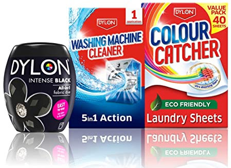 Dylon Laundry Essentials Pack. Contains: 1 x Black Fabric Dye Pod, 40 x Colour Catcher Laundry Sheets, 1 x Washing Machine Cleaner.