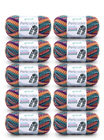 Gründl Wolle Perla color 10 x 100 g, orange-rot-petrol-violett | (wollähnliches Handstrickgarn aus 100 % Polyester ,100 g / 90 m, Nadelstärke: 8 - 9 , 100 g