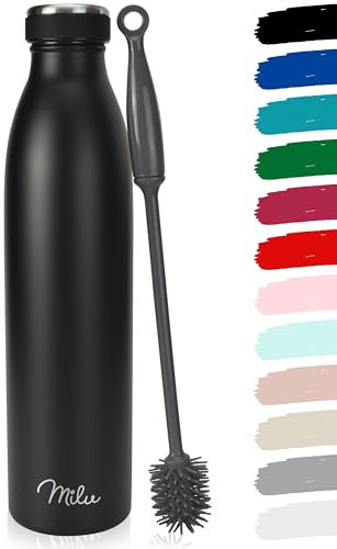 Milu Edelstahl Trinkflasche 350ml, 500ml, 750ml, 1L, 1.5L Thermosflasche, Isolierte Wasserflasche, Auslaufsichere Isolierflasche doppelwandig, Kohlensäure geeignet + Reinigungsbürste (Schwarz, 1.5L)