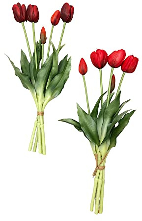 EDG Enzo de Gasperi Tulipano gommoso Fiore Artificiale per Decorazione da Esterno, Bouquet 5 Tulipani Finti Rossi 2 Varianti Rosso
