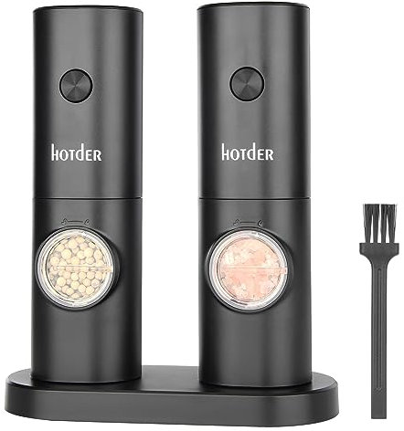 Hotder Electric Salt and Pepper Grinder Set, Battery Powered Automatic Pepper Mill with Stand, Refillable Salt Grinder Set with LED Light for Home Kitchen