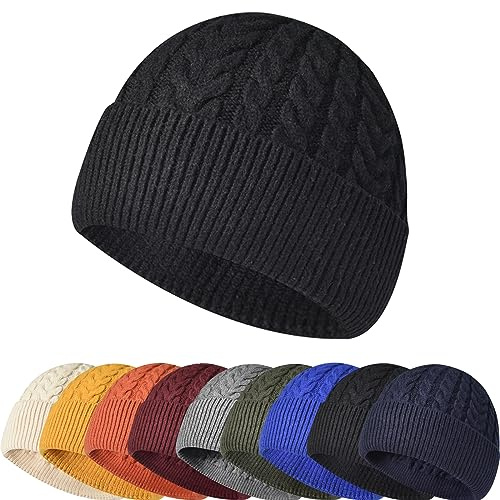 Enwokran Mens Knit Beanie Hat, Unisex Thermal Soft Fisherman Trawler Beanie Watch Hat Edge Skullcap for Outdoor Sports (Black)