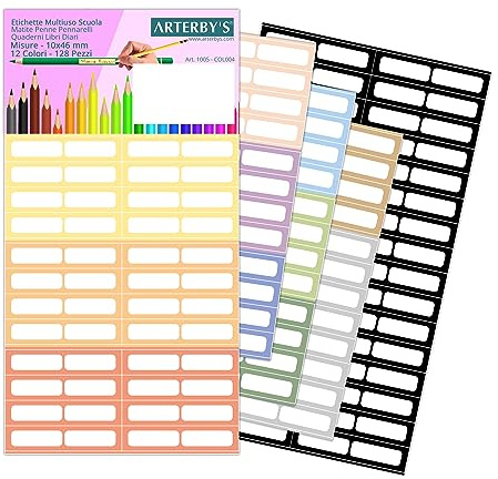 Arterby's® – 128 Klebeetiketten, Bleistifte, Stifte, Marker – 10 x 46 mm – 12 Farben – wasserfestes Vinyl, farbig, Kinder, Schule, Kindergarten, Namen, Bücher, Notizbücher (COL004)