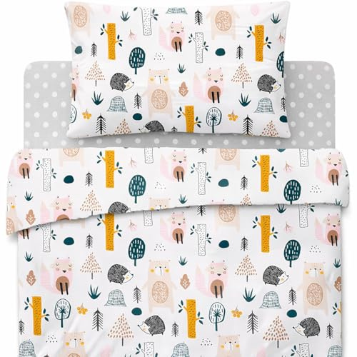 Lovely Hippo Lenzuola 80 x 160 cm con angoli + Copripiumino 120x170 cm + Federa per Cuscino per bambini (Animali Foresta, Letto 80x160cm - Set 3 pezzi)