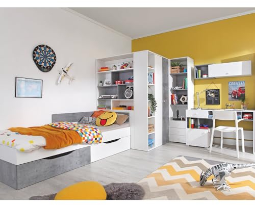 Lomadox Jugendzimmer Set 5-teilig mit Jugendbett 90x200cm, begehbarer Kleiderschrank, Regalschrank, Wandregal, Schreibtisch in Beton und weiß modern