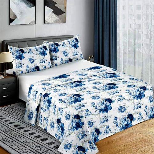 Etrexonline Conjunto de Sábanas 3 Piezas Cama 90 cm - Microfibra Ultra Suave Incluye 1 Bajera 90x200+28 cm, 1 Encimera 160x270 cm, y 1 Fundas de Almohada 50x110 cm - Color Flor Azul Royal