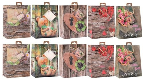 Laro Premium-Line Geschenktaschen Medium Glück Rustikal 10-100 Stk, Anzahl:10, Muster Tüten:Glück Rustikal