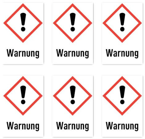 Aufkleber: 75x50 mm, 6 Stück - Signalwort Warnung - Gefahrensymbol mit Text (deutsch) (rot/weiß) - hochkant - GHS07 - UN/GHS-Gefahrenpiktogramm