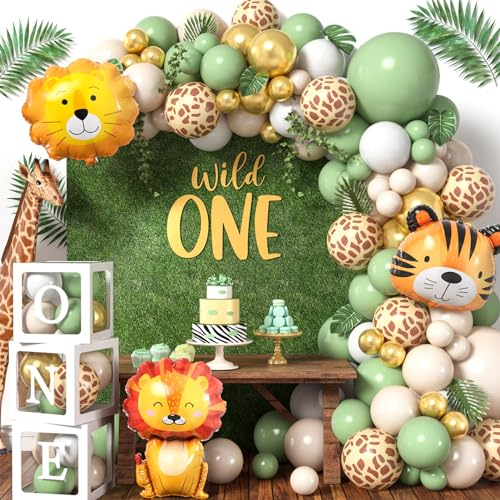 Safari 1st Birthday Decorations for Boys Girls, Wild One Birthday Decorations with Sage Green Balloon Arch Kit Balloon Boxes, Animal Jungle Theme First for Kids (Green)