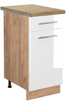 Vicco Küchenunterschrank Fame-Line, Weiß Hochglanz, 40 cm | MDF-Front · AP Eiche inkl. · Höhenverstellbare Füße · Metallgriffe · Soft-Close