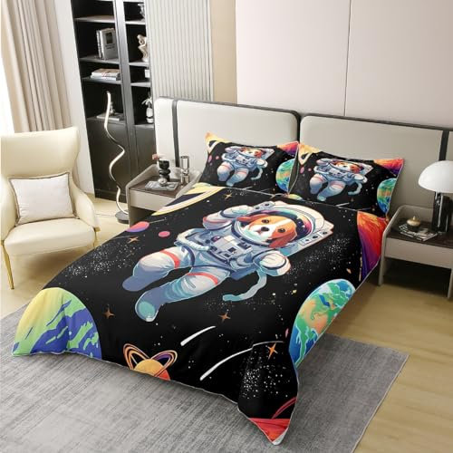 richhome Cartoon Hund 100% Bio-Baumwolle Bettbezug Set Welpe Astronaut Outer Space Tröster Cover Set Universe Tier Bettwäsche Set 200x200