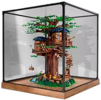 Vitrine en acrylique pour modèle Lego 21318 Cabanes dans les arbres, résistante à la poussière, transparente (boîte de présentation uniquement) (base en grain de bois)