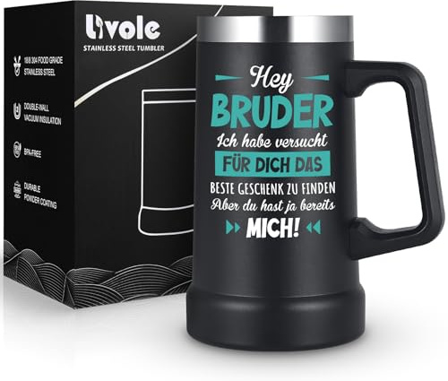 Livole Weihnachtsgeschenke Bruder, Bier Geschenke für Bruder, Männer, Ihn, Tasse Lustig, Mann geschenke geburtstag, Biergeschenk, 24oz Biergläser aus Edelstahl, 700ml Isolierter Bier Krug