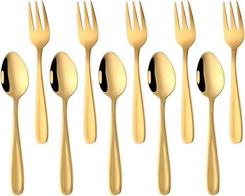 YDware Edelstahl Espressolöffel Klein Kuchengabeln Set, 10 stück Espressolöffel Dessertgabeln Set, Obstgabeln Kaffeelöffel 136mm Läng, Wiederverwendbar (Gold)