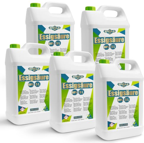 25 l d'acide acétique 60 % de qualité supérieure | 5 x 5 l d'essence de vinaigre 60 % de qualité alimentaire 25 kg | Vinaigre de haute pureté pour des applications polyvalentes | Parfait pour un usage