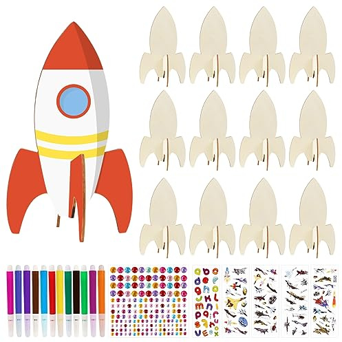 Cragmut 12 Stück Raketen Holz Bastelset, Raketen Spielzeug für Kinder mit Aquarellstift, DIY Handwerk für Kindergeburtstage Party Dekoration