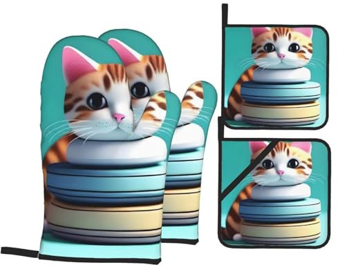 YYHHAOFA Simpatico set di quattro pezzi da cucina impilabile a forma di gatto, guanti da forno isolati e presine, spessi e durevoli
