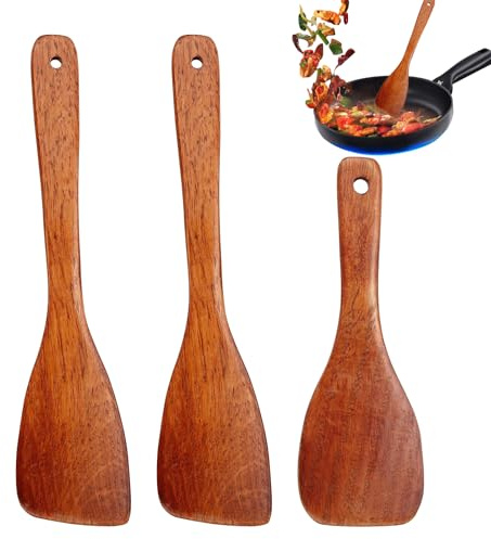 Laralily 3 Stück Pfannenwender Holz Kochlöffel Holz Pfannenwender Olivenholz Hitzebeständig Holzlöffel Küchenutensilien Kochlöffel Spatula für Wok Pfanne mit Antihaftbeschichtung.