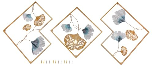 TkkMivcOC 3 Piezas Ginkgo Cuadros Decoracion Dormitorios, Reforzado Esculturas de Pared de Hierro, Artístico Decoracion Pared Metal Para Salón Oficina Sala de Reuniones, Oro