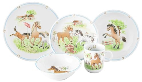 Seltmann Weiden Compact Kindergeschirrset 5-teilig, Teller-Set Schale und Becher für Kinder, Kinderservice mit bunten Motiven, Porzellan, Mein Pony