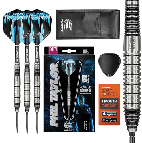 Target Darts Phil Taylor Power 8-Zero 2 Steel Tip Darts, 80% Tungsten Dart Set, 22G | Power 8 Zero Player Edition Darts with Swiss Points, Pro Grip Shafts, No.6 Dart Flights & SP Tool