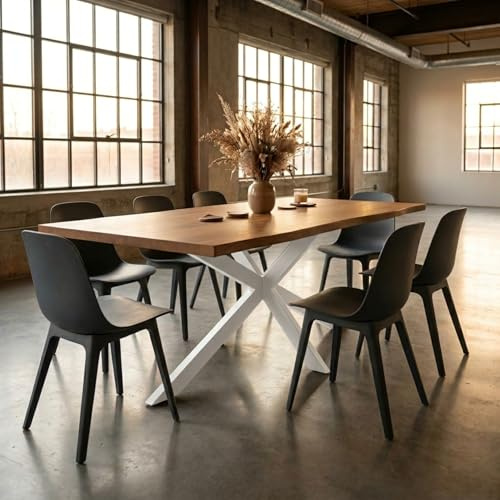 Bett11 Esstisch 220x100 cm Eiche-Optik Spider-Gestell Weiß | 40 mm starke Tischplatte aus MDF-Holzwerkstoff mit markanter Baumkante