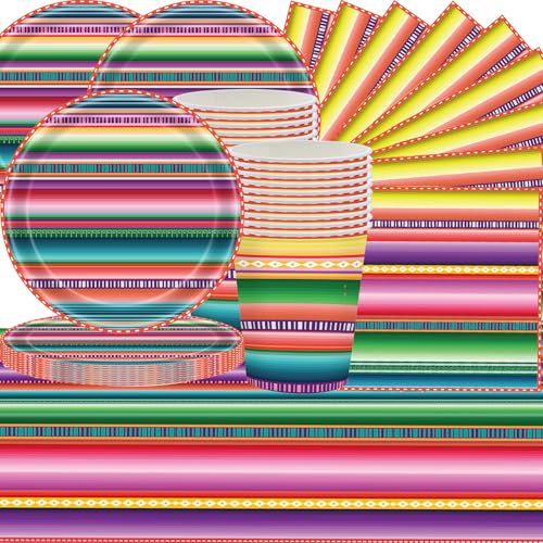 61 vajilla mexicana para fiestas de cumpleaños infantiles con platos de papel, vasos, servilletas y manteles. Perfecto para fiestas temáticas mexicanas y cumpleaños para hasta 20 invitados