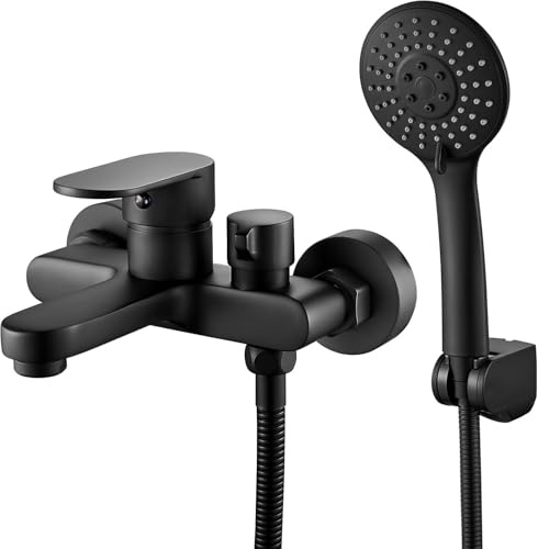 BRAVECOW Mischbatterie Dusche Schwarz，badewannenarmatur mit Handbrause，Wandmontage Armatur Badezimmer Satz，Badewannenarmatur Schwarz mit Duschkopf 3 Funktionen für Badewanne und Bad