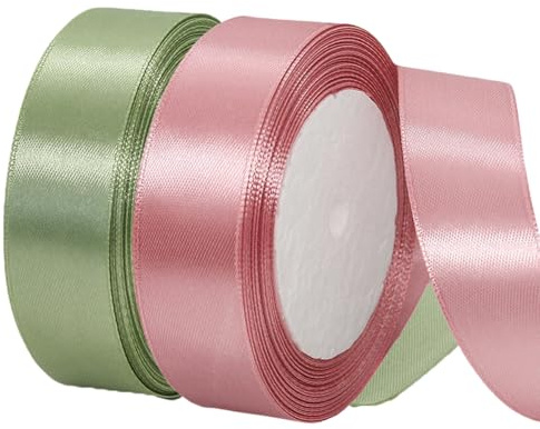 2 Rollen Satinband 20mm Breit, Geschenkband Eukalyptus Grün und Altrosa Schleifenband Stoff Satinbänder für Blumensträuße, Geschenkverpackung, Weihnachten, Hochzeit und DIY Kunsthandwerk