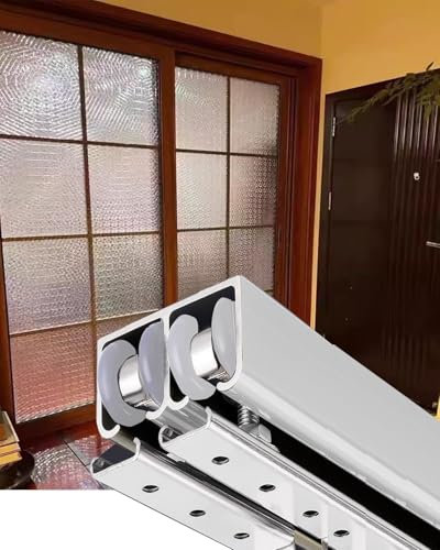Minglez Kit Porte Coulissante Quincaillerie pour Portes Coulissantes Escamotables pour Portes Doubles, Rail Argenté pour Portes de Placards et de Salle de Bain, Rail pour Porte de Grange(53cm/21inch)