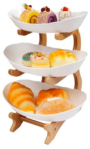 Plato de frutas triple, frutero de 3 niveles de madera de bambú y polipropileno apto para alimentos, diseño Yuanbao con base antideslizante, 3 cuencos de diferentes tamaños (22,5 x 14 x 32 cm), para