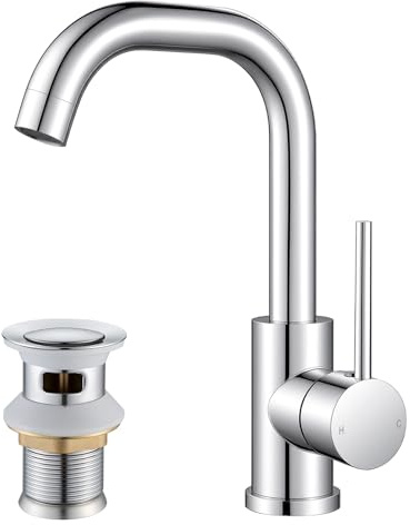 Chrome Basin Mixer Tap, 360° Swivel Bathroom Sink Taps with Pop up Waste | single lever bathroom tap, hot & cold water mixer, stainless steel, ceramic cartridge, G1/2 UK standard fittings