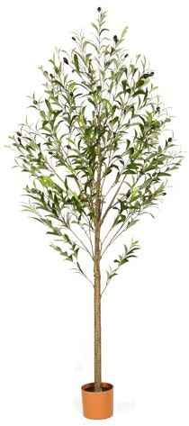 6FT Artificial Olive Tree Indoor Tall Realistic Faux Olive Tree with Plastic Planter, Fake Silk Tree with Handcrafted Branches & Fruits, Large Fake Plant for Home and Office Decor (6FT)