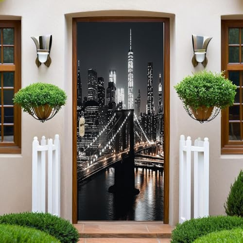 Nero Carta Parati Porta Ponte di Brooklyn di notte Adesivi per Porte Interne 3D PVC Impermeabile Vinile Autoadesivo Rimovibile 77 x 200 cm per Soggiorno Cucina Camera da letto Bagno
